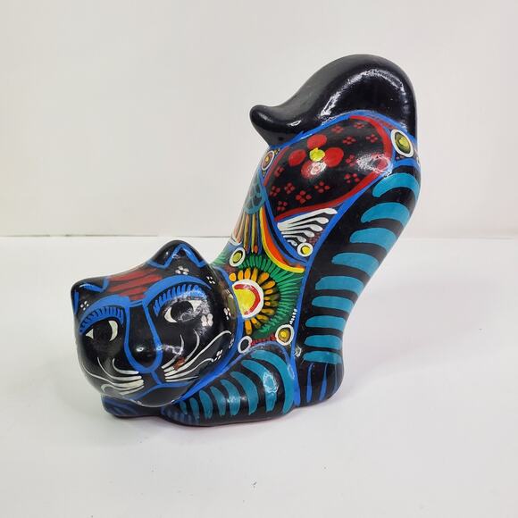 Talavera Mexico Blue Kitty Cat Stretching Folk Art Clay Pottery - Picture 1 of 11
